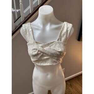 BEAU SOUCI White Sequin Twist Front Crop Top Size 36